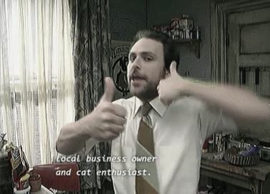 Gif of Charlie Day saying "Local business owner and cat enthusiast"