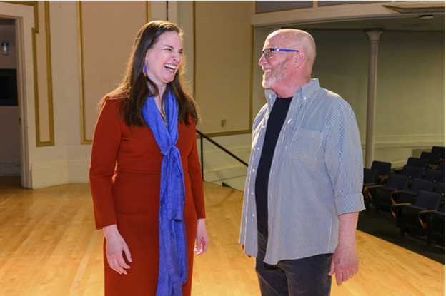 Profs. Paul Stoddard and Sarah Low share a laugh on the evening of Paul’s retirement celebrations in April 2026. 