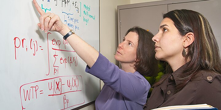 Professor showing a student an equation on a board