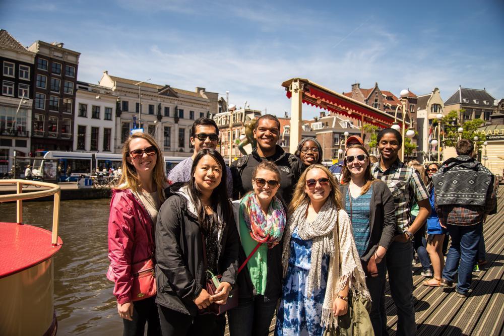 ACE Students standing in front of a canal in Amsterdam